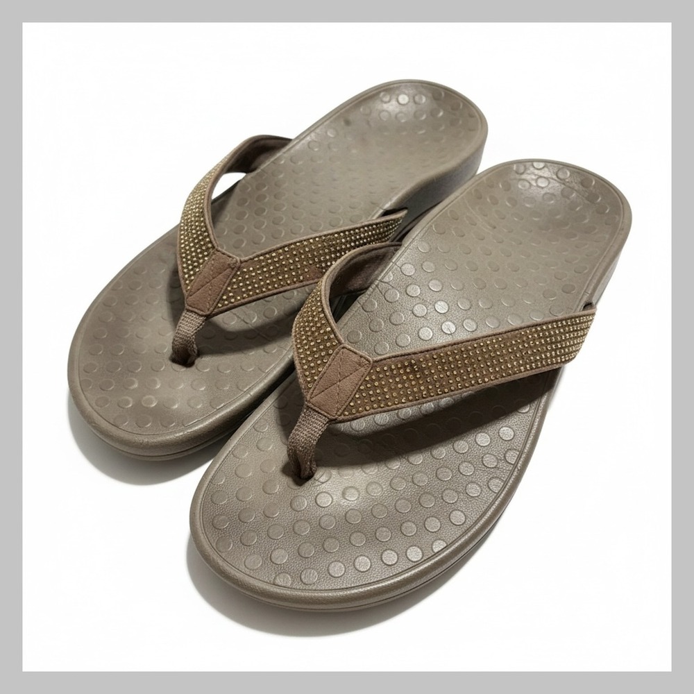 Vionic Bella Brown Rhinestone Orthotic Sandals Womens Comfort Flip Flops 10.5in
